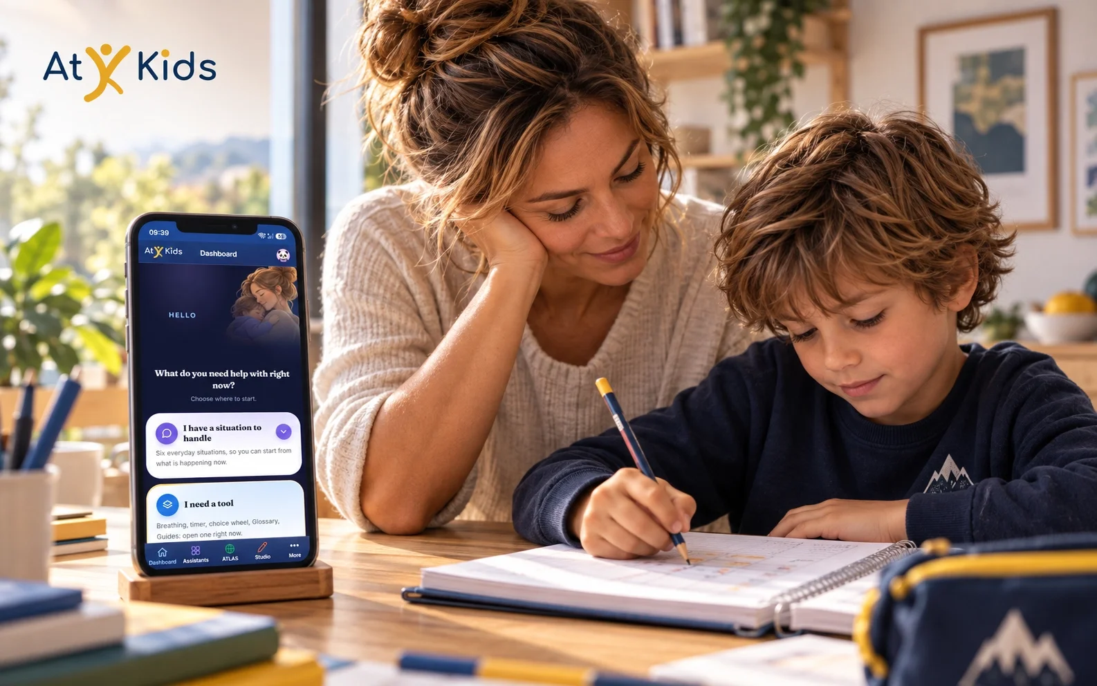 Una madre acompaña a un niño en una actividad junto a un teléfono con la aplicación AtyKids