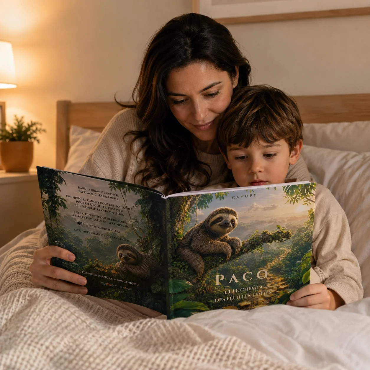 Un niño y una persona adulta leyendo un libro CANOPY de SLOWO