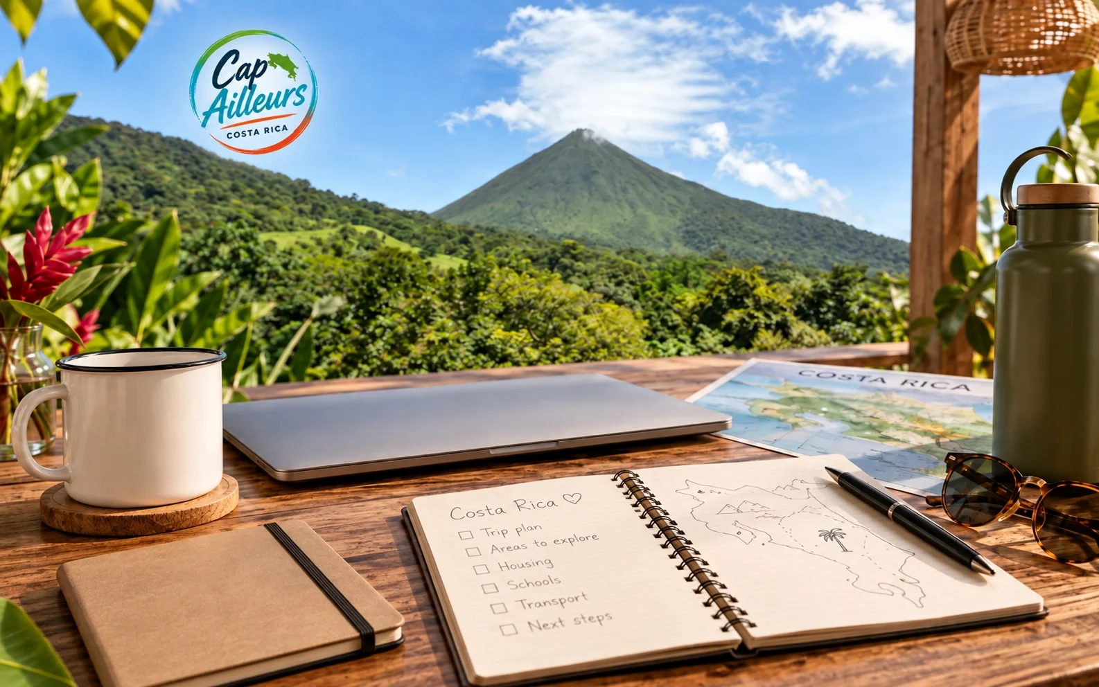 Un cuaderno para preparar un viaje y un mapa de Costa Rica frente a un volcán, para Cap Ailleurs