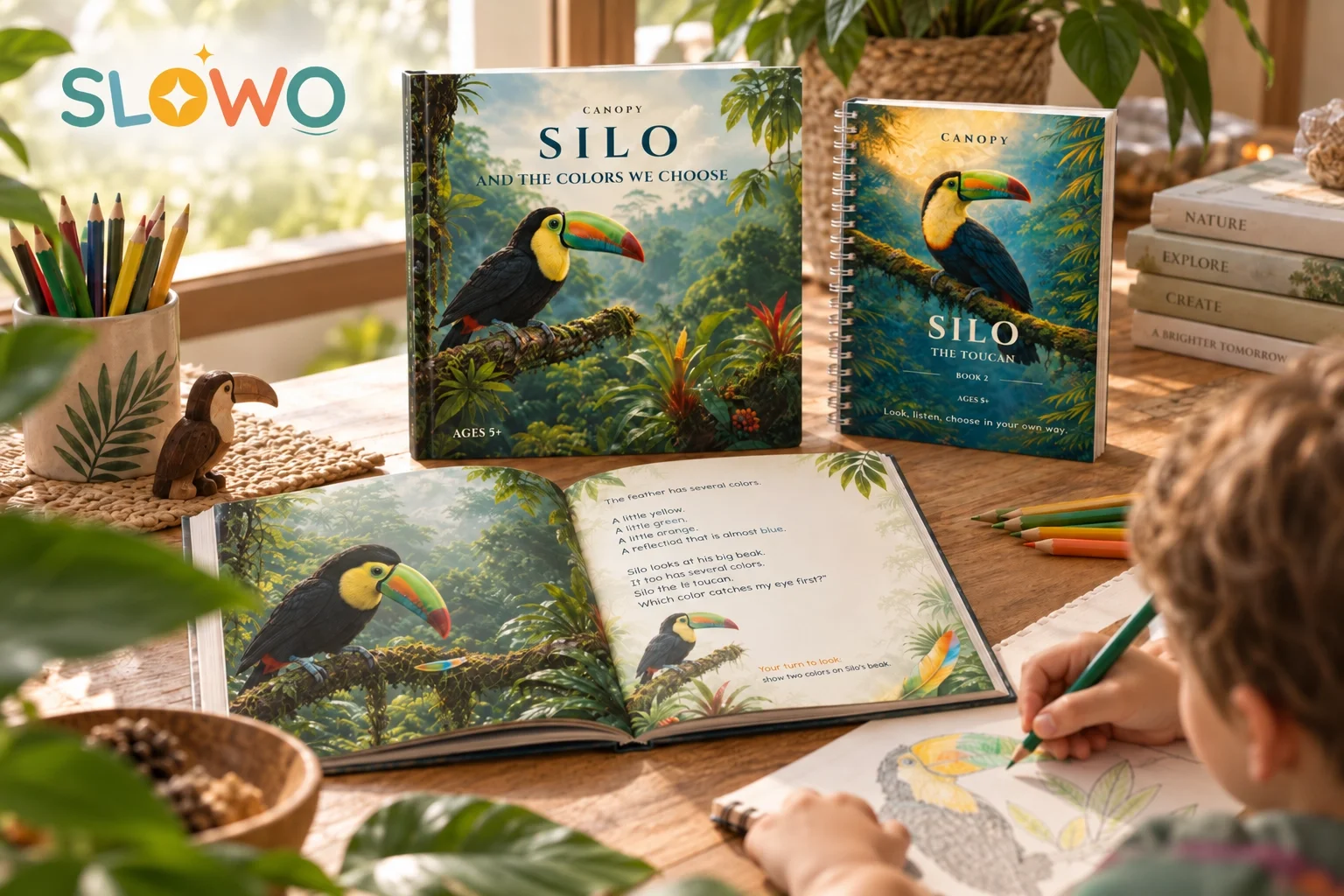 Libros y cuaderno CANOPY de SLOWO sobre Silo el tucán en una mesa de actividades creativas